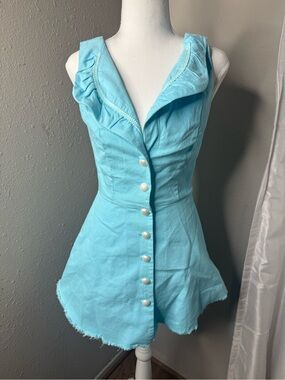 Light Blue Button-Front Ruffle Mini Dress